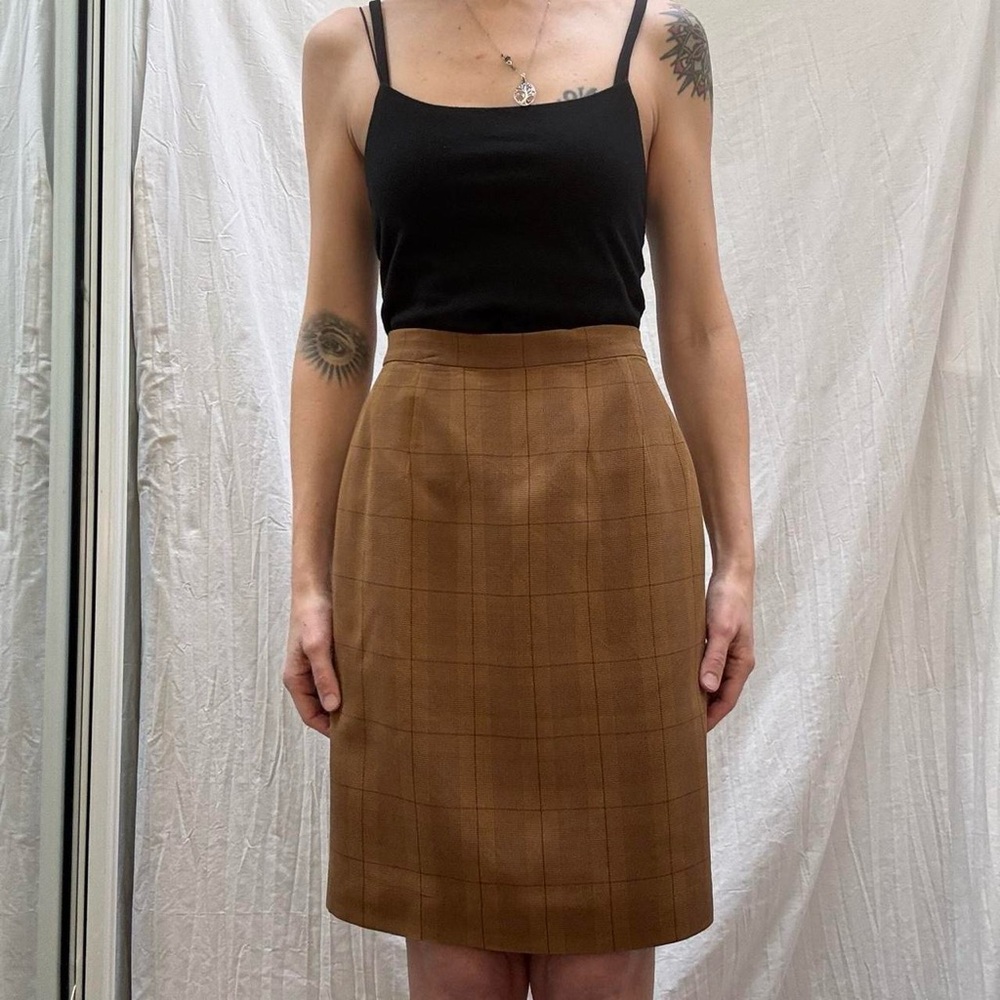 Silk Tan Plaid Pencil Skirt Vintage 90s Talbots
